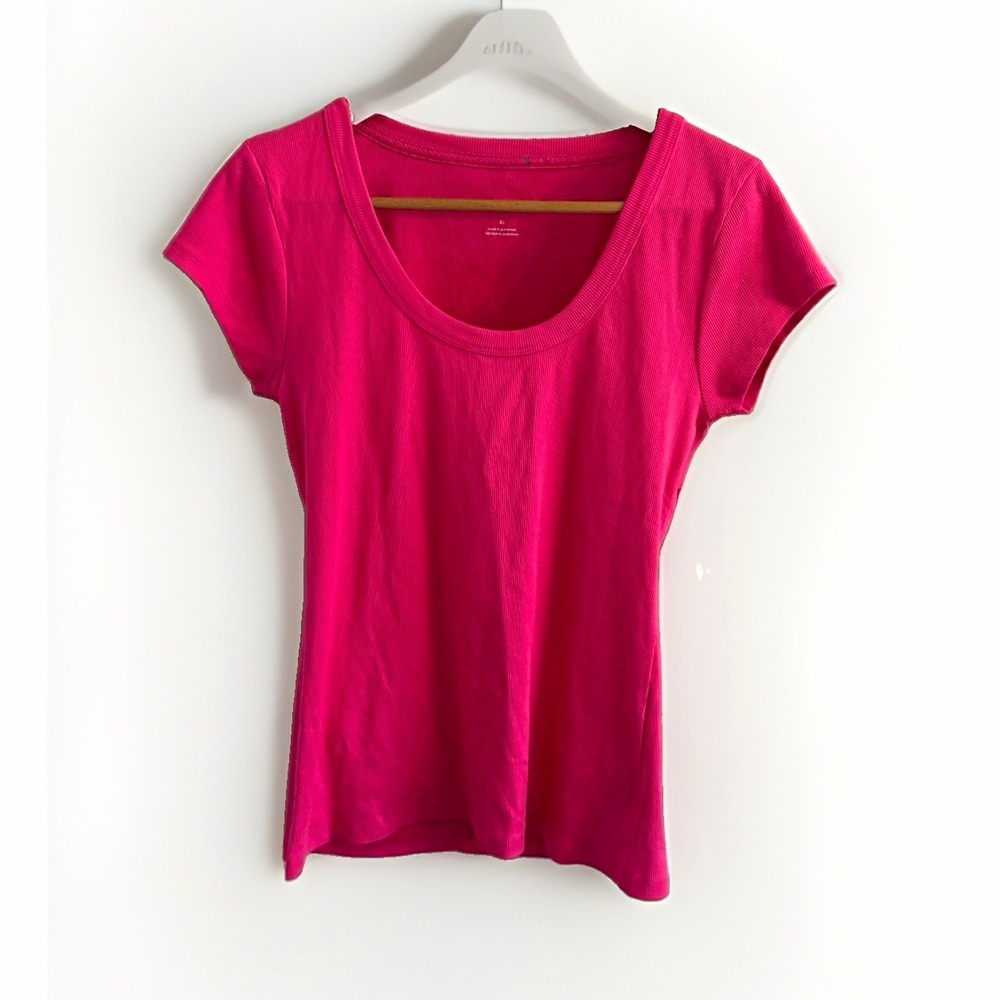 Pilcro Hot Pink Ribbed Knit Scoop Neck Cap Sleeve Slim Stretch T-Shirt Womens XL